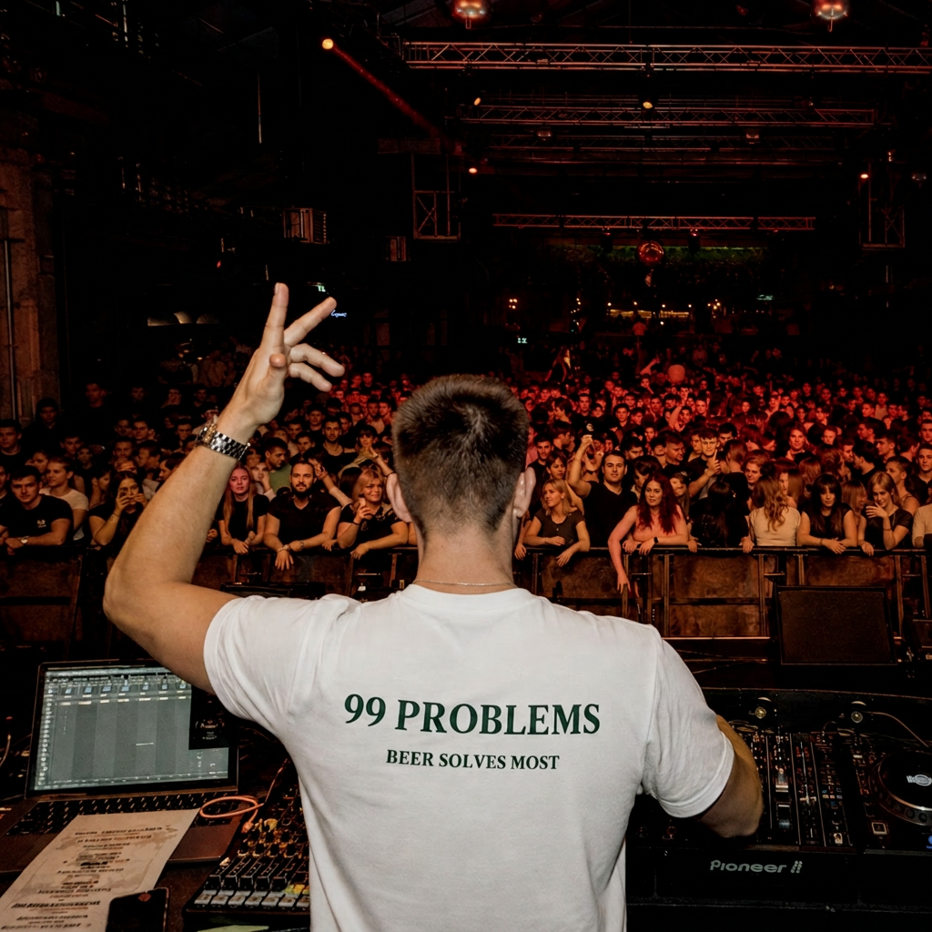 Kund i 99 Problems – Beer Solves Most t-shirt bakom DJ-bås