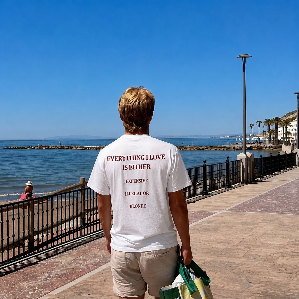 Kund i Everything I Love Is Either t-shirt vid strandpromenaden
