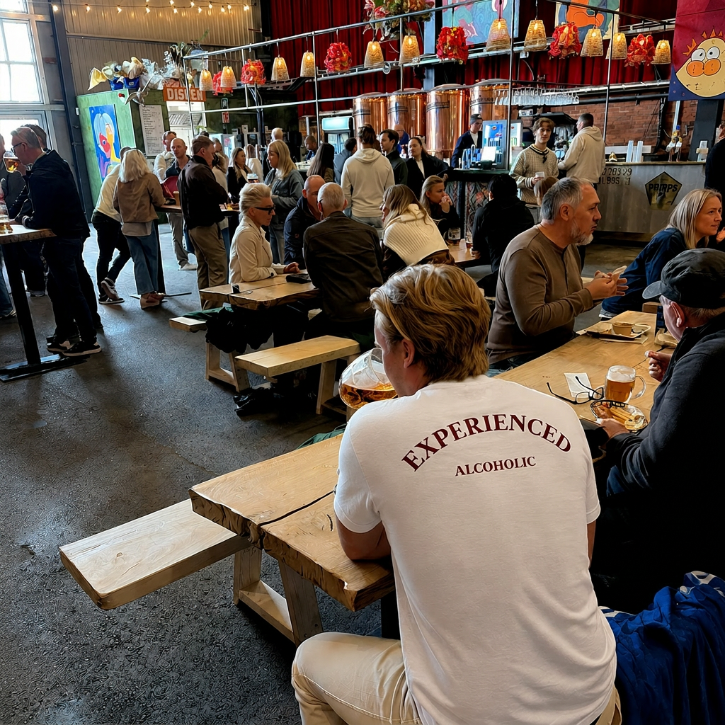 Kund i Experienced Alcoholic t-shirt på bryggeriet
