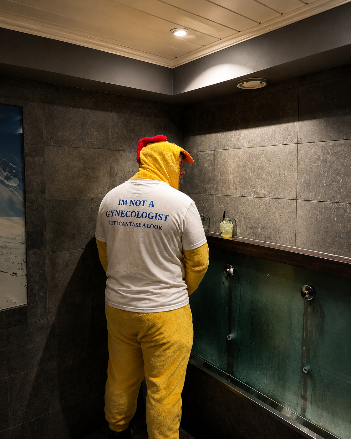 Kund i I'm Not A Gynecologist t-shirt i kycklingdräkt